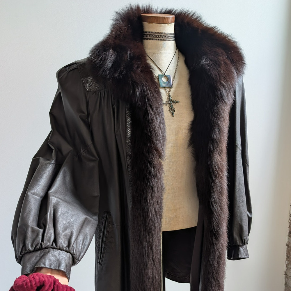 Vintage 80s Black Leather Trench Coat L Fox Fur Trim Penny Lane Jacket Minimal